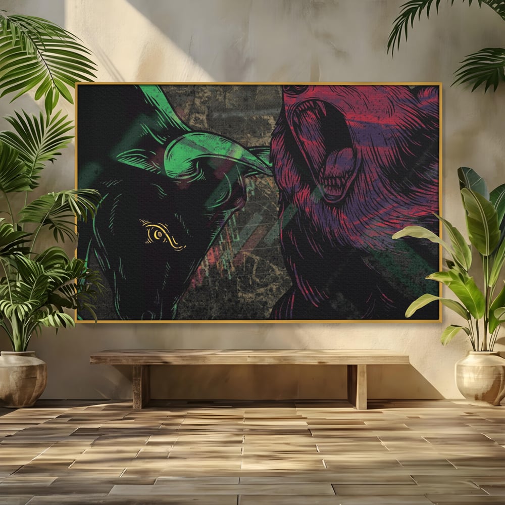 Tablou canvas cu ilustratie digitala cu taur si urs, in rama de aluminiu auriu